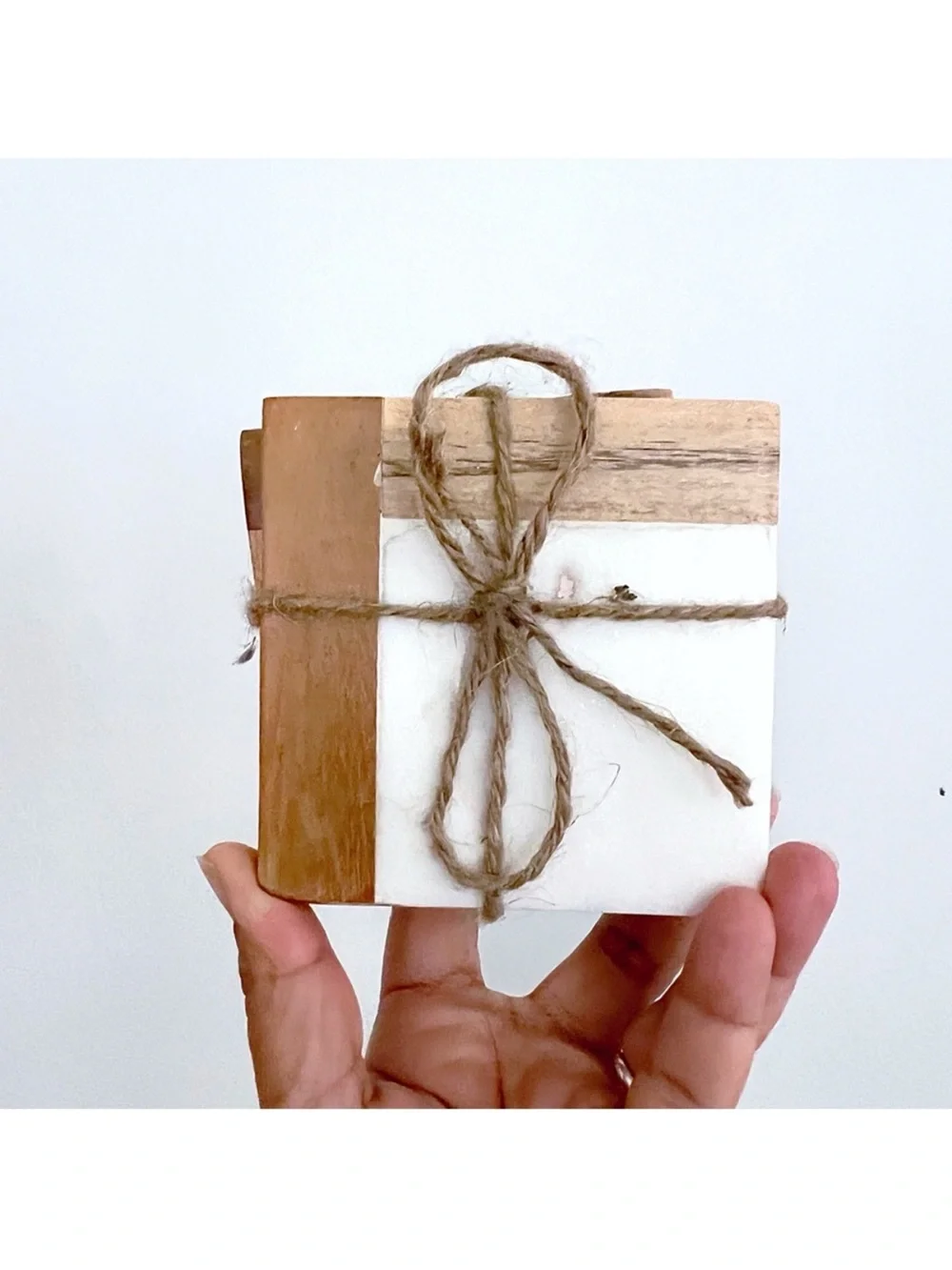 Marble and Wooden Drink Coasters Four Piece Set with Jute Tie - White and Brown